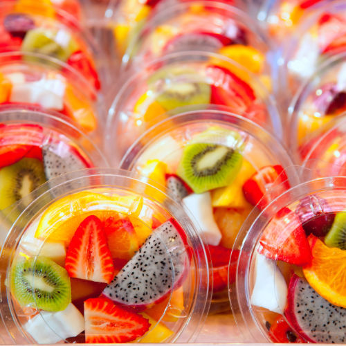 Prepared fruit salad in transparent packaging